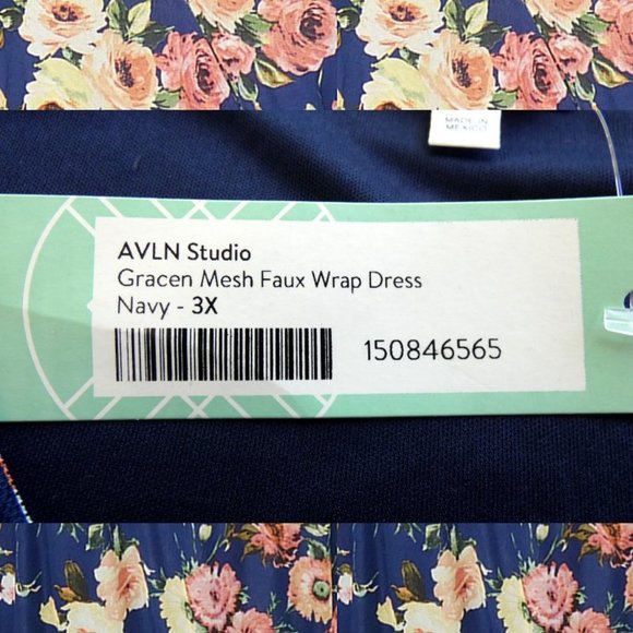 NWT AVLN Navy Floral Faux Wrap Mesh Dress 3X - Picture 9 of 9
